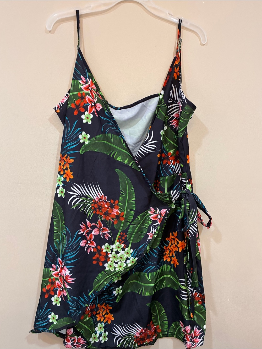 Tropical Floral Navy Mini Faux Wrap Dress with Green Leaves